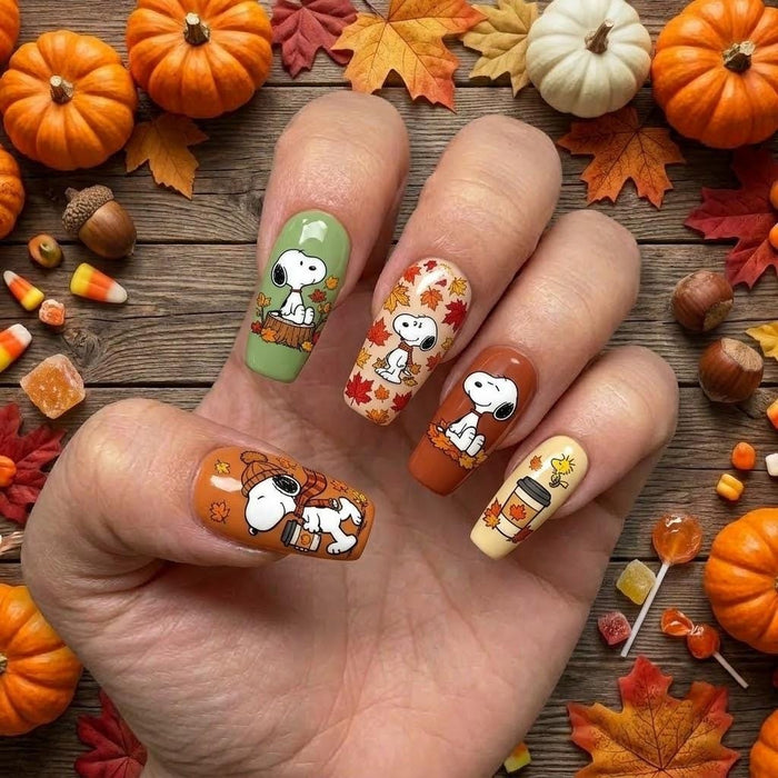 Autumn Beagle Cartoon Press On Nails With Maple Leaves and Pumpkin Details