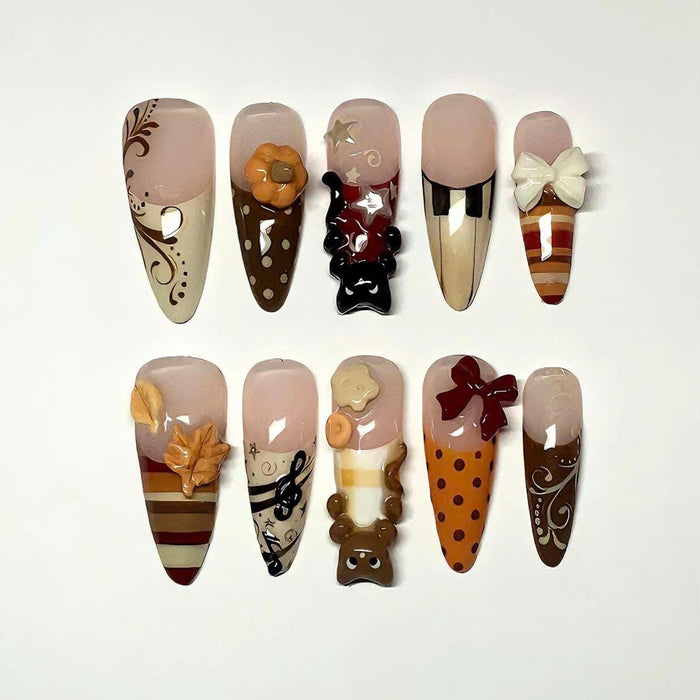 Autumn Bear and Bow Press On Nails With Cozy Brown French Tips