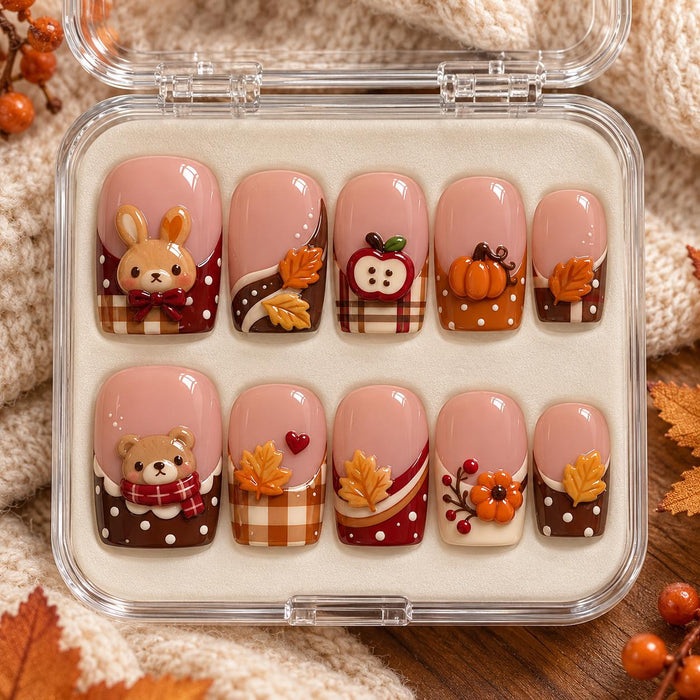 Autumn Bear and Bunny Press-On Nails with Pumpkins, Apples, and Gingham