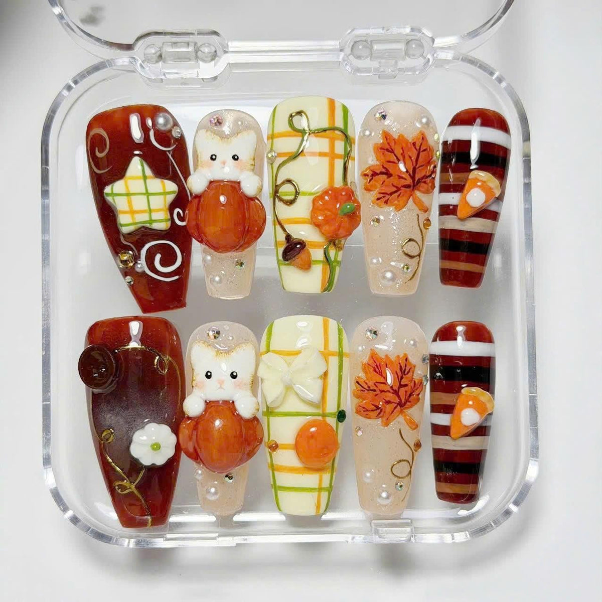 Autumn Bear, Pumpkin, Leaf and Plaid Press-On Nail Set