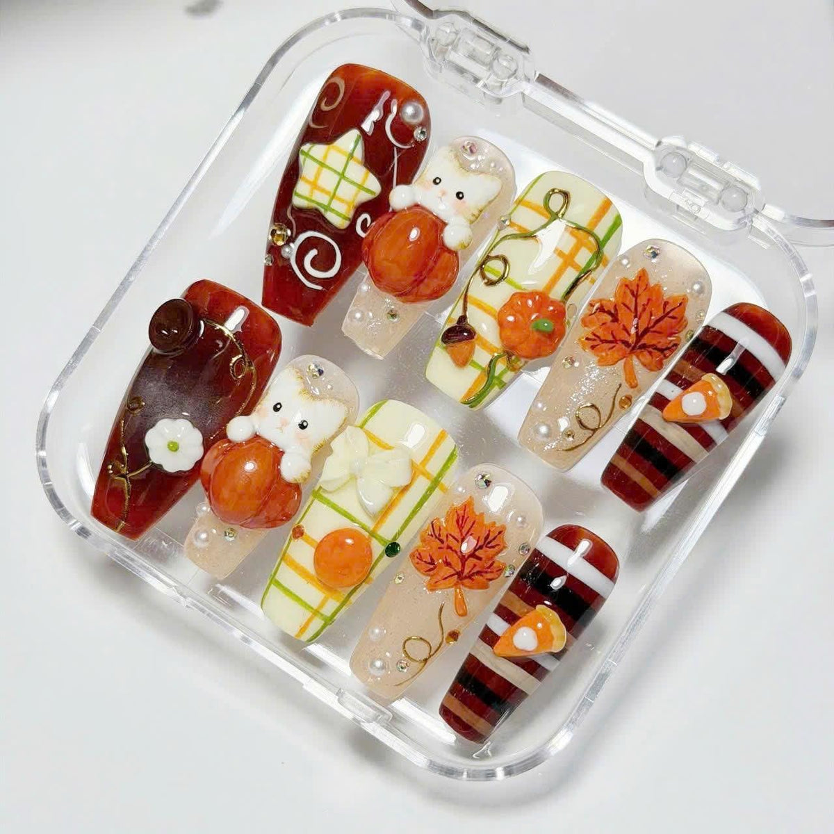 Autumn Bear, Pumpkin, Leaf and Plaid Press-On Nail Set
