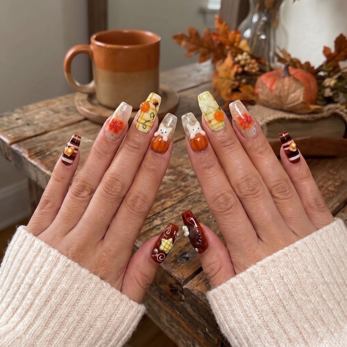 Autumn Bear, Pumpkin, Leaf and Plaid Press-On Nail Set