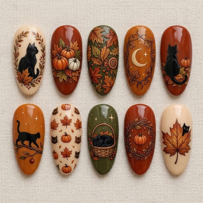 Autumn Black Cat and Pumpkin Press On Nail Art Set