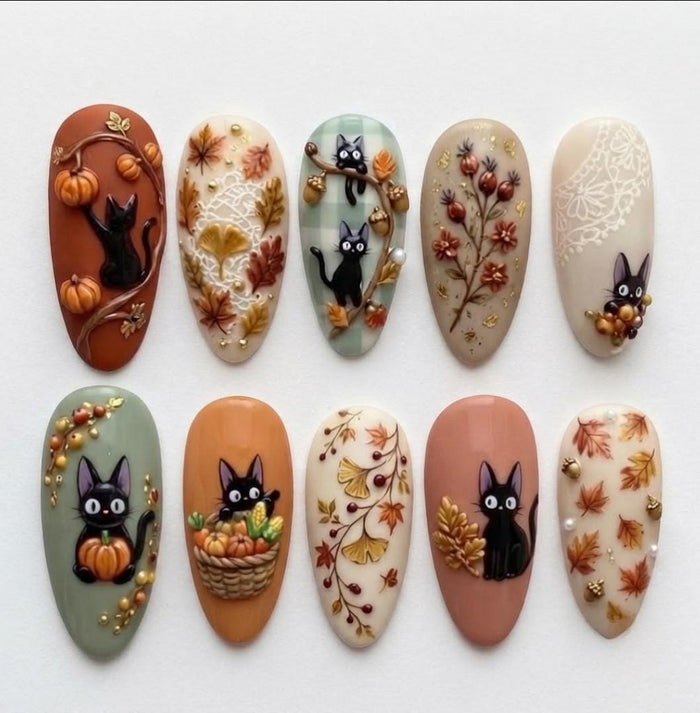 Autumn Black Cat and Pumpkin Press On Nails with Harvest Foliage and Lace Details