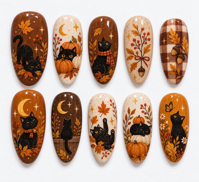 Autumn Black Cat and Pumpkin Press On Nail Set