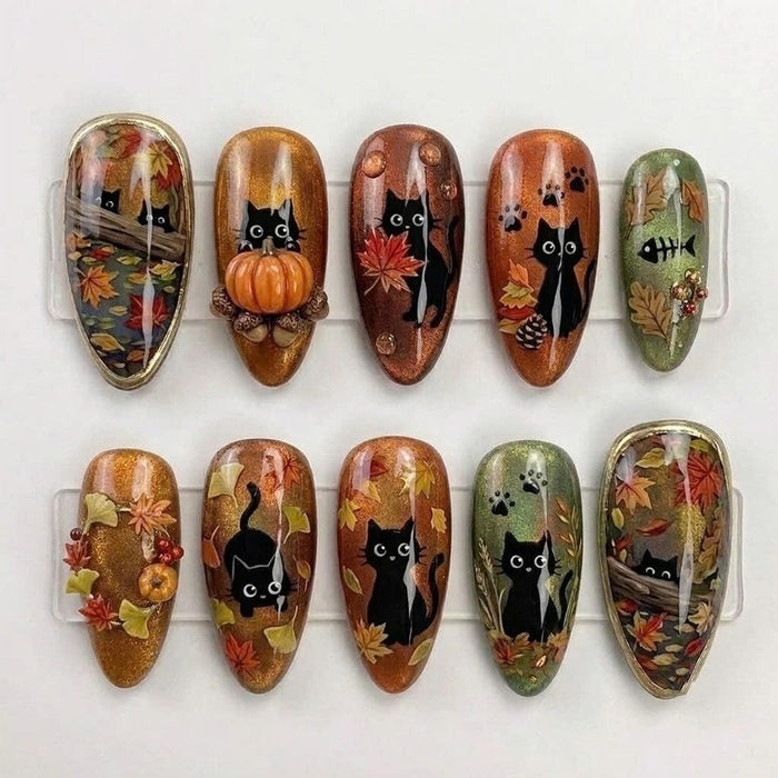 Autumn Black Cat and Pumpkin Woodland Press On Nails