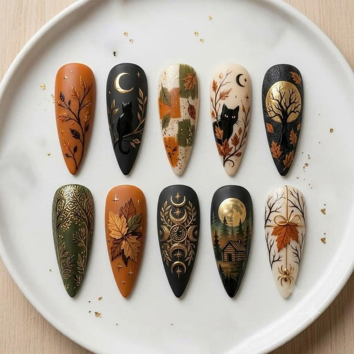 Autumn Black Cat, Leaf & Celestial Press On Nail Set in Orange, Green, Black and Gold