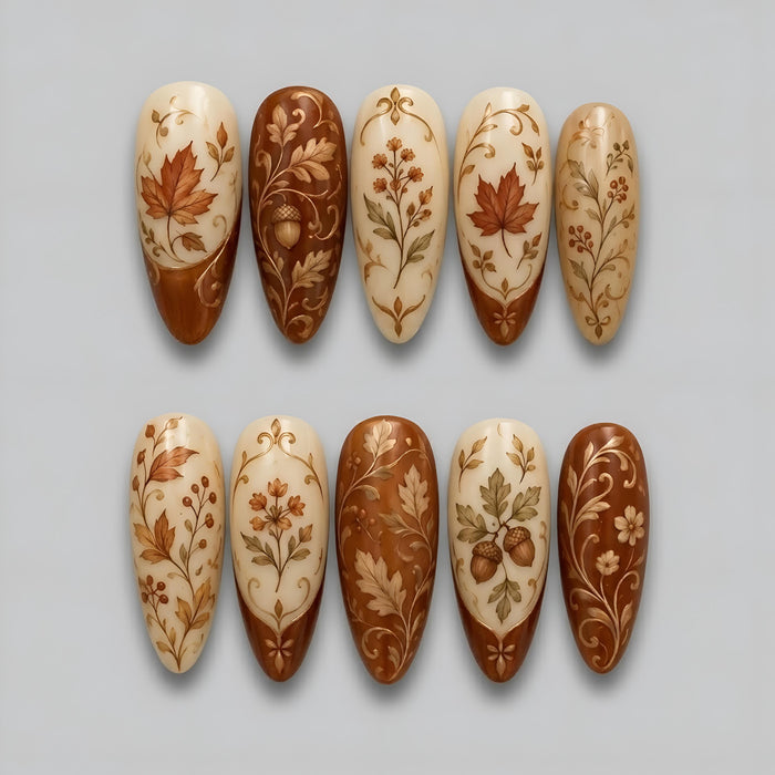Autumn Botanical Maple Leaf and Acorn Press On Nails in Cream and Chestnut Brown