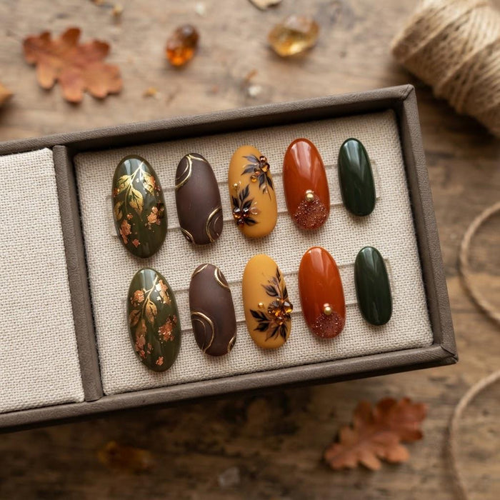 Autumn Botanical Press On Nails in Olive, Mustard, Brown & Terracotta