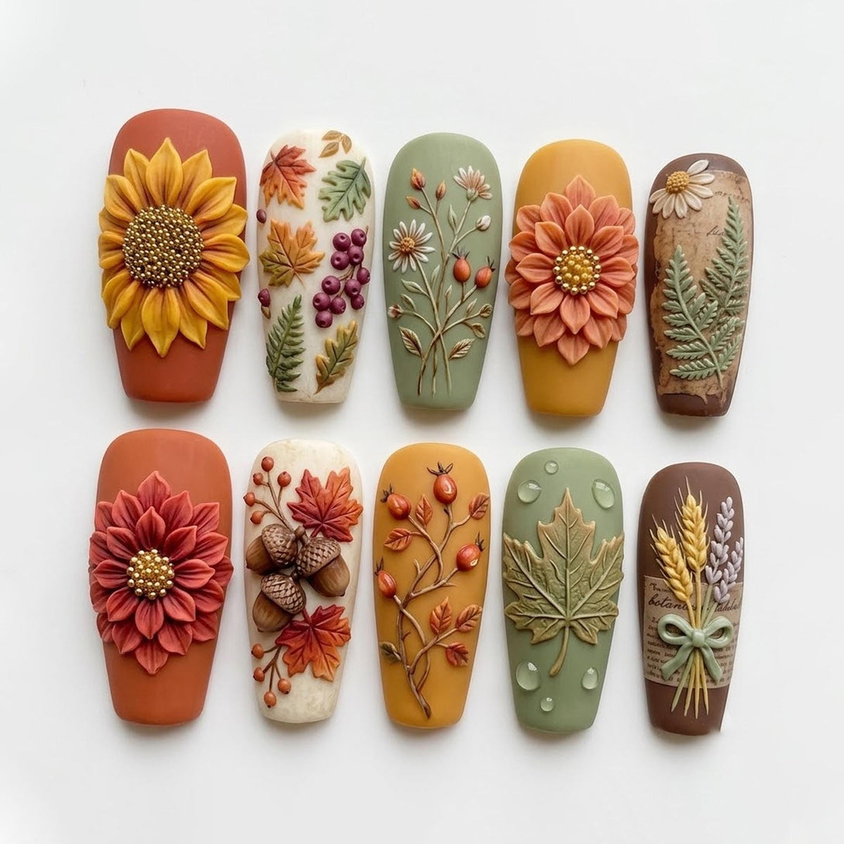 Autumn Botanical Press On Nails With 3D Sunflowers, Leaves, Acorns, and Wheat