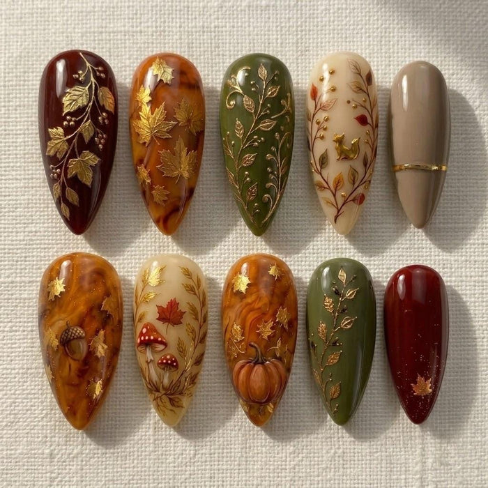 Autumn Botanical Press-On Nails With Leaves, Mushrooms, Pumpkin, and Gold Accents