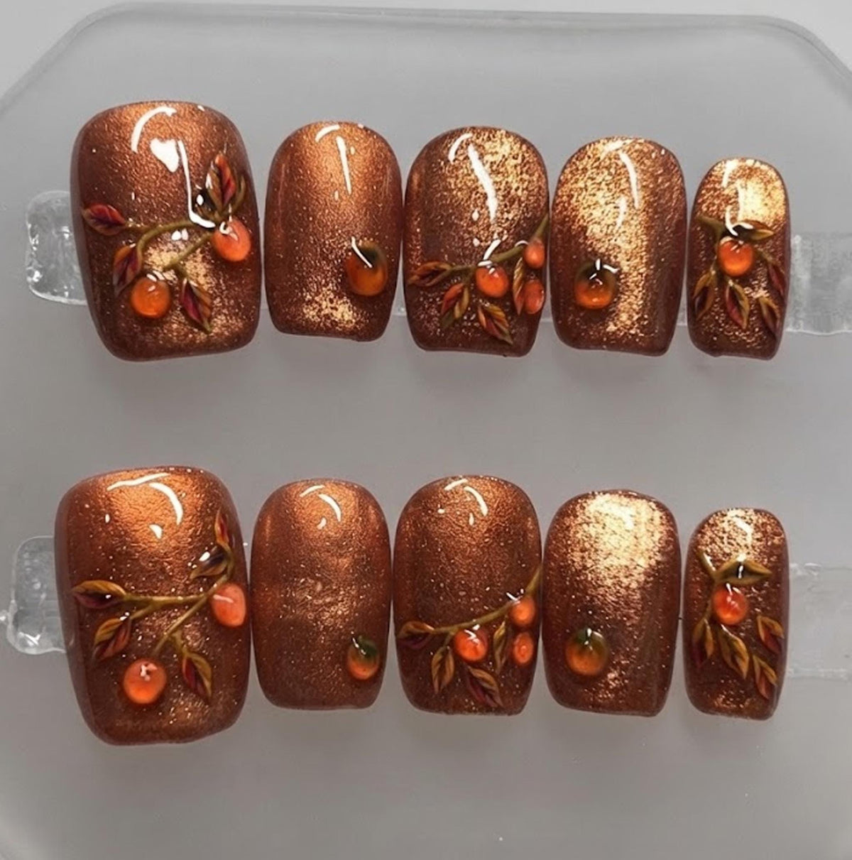 Autumn Bronze Shimmer Press On Nails With Raised Orange Berry Vines