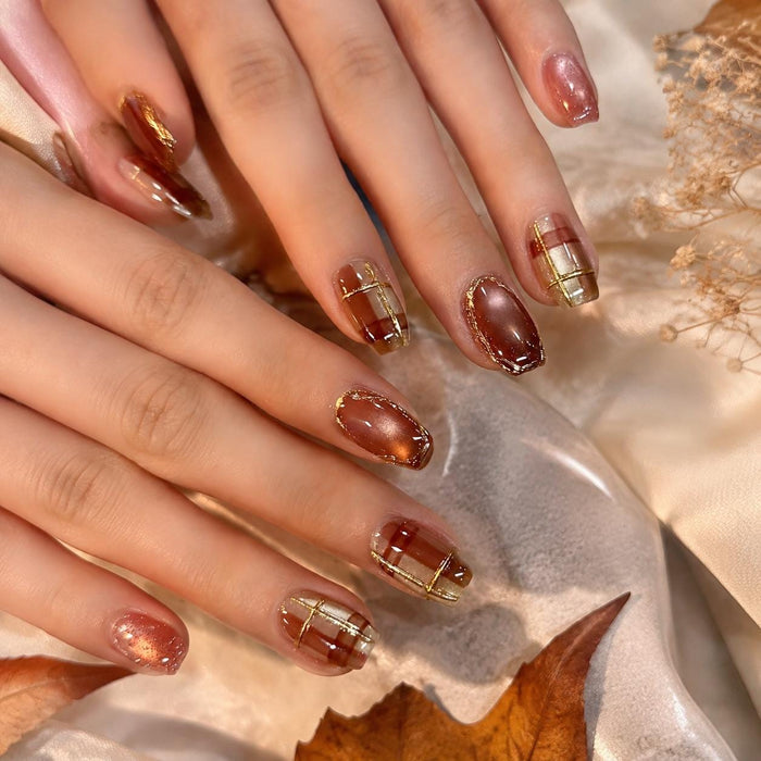 Autumn Brown Cat Eye Press On Nails with Plaid, Gold Lines and Embellished Accents