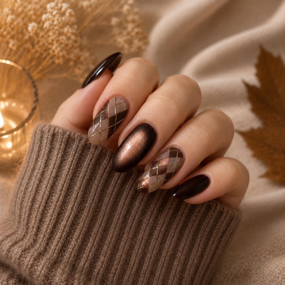 Autumn Brown Cat Eye Press On Nails with Sheer Diamond-Grid Accents
