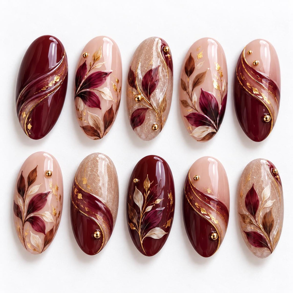 Autumn Burgundy and Blush Floral Nails with Gold Accents