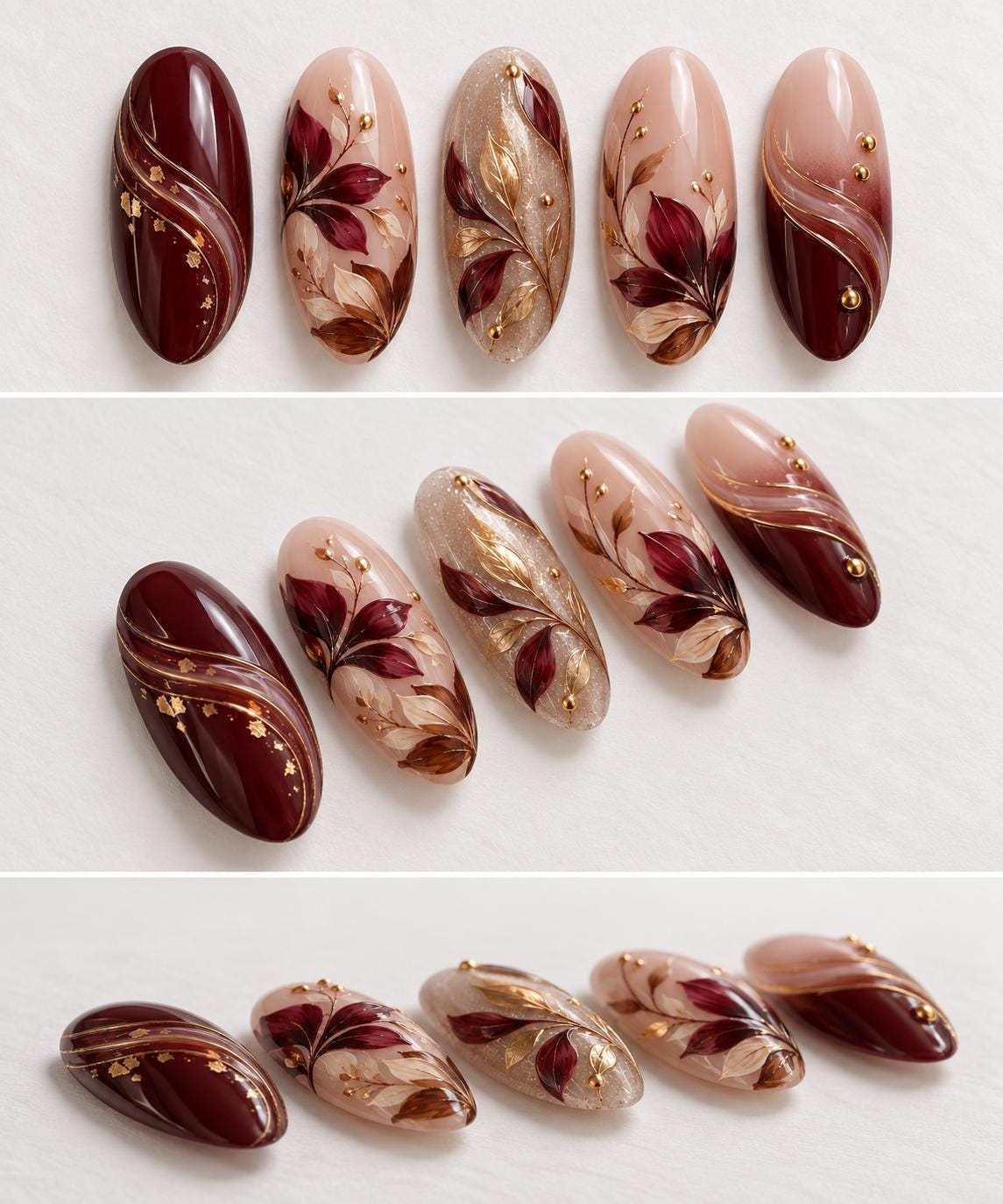 Autumn Burgundy and Blush Floral Nails with Gold Accents