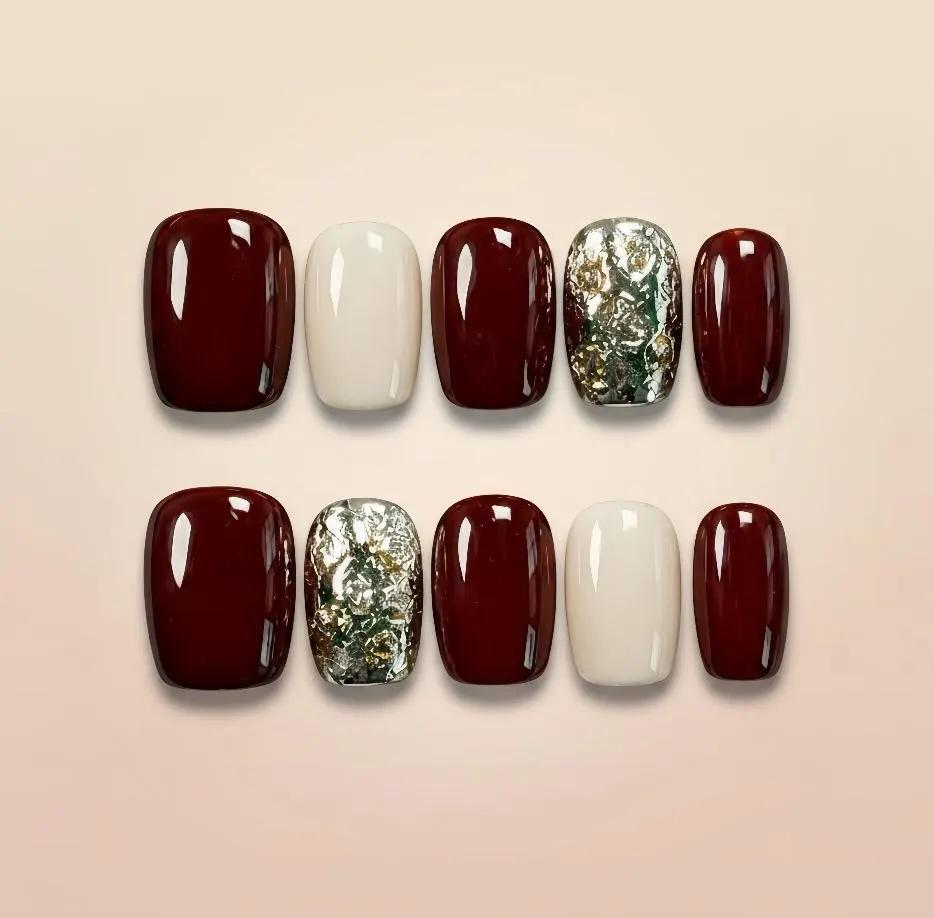 Autumn Burgundy and Ivory Nails with Reflective Gold and Silver Foil Accents