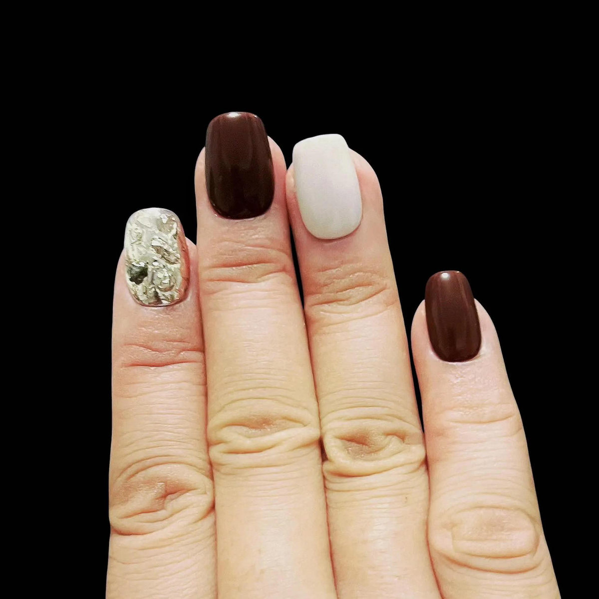 Autumn Burgundy and Ivory Nails with Reflective Gold and Silver Foil Accents