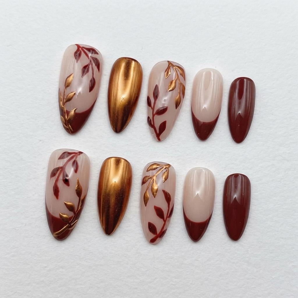 Autumn Burgundy Leaf and Gold-Bronze Chrome French Tip Nail Set