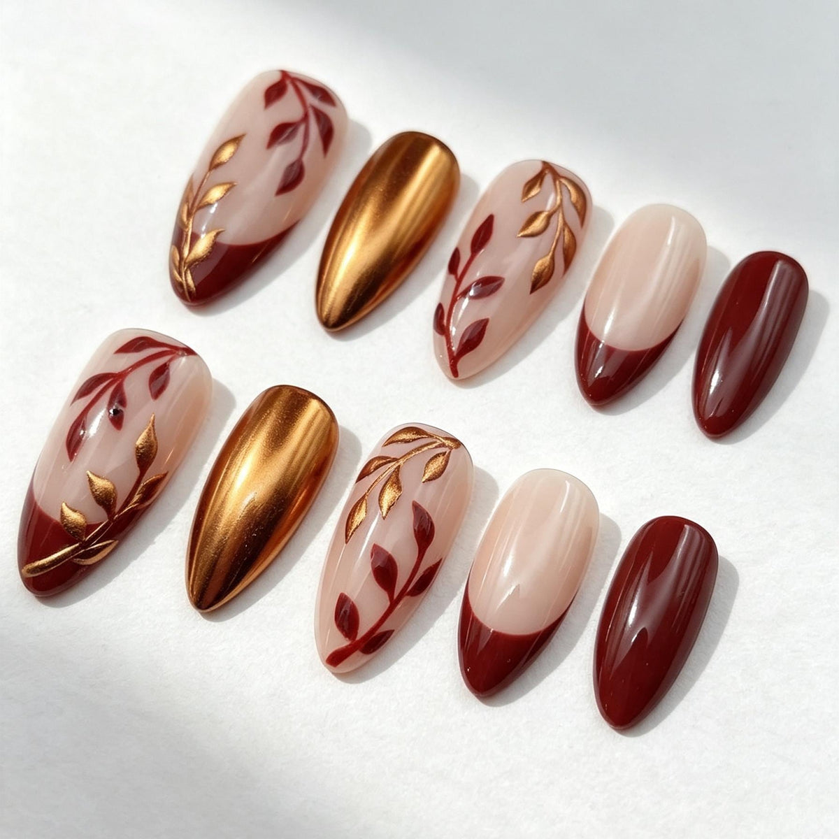 Autumn Burgundy Leaf and Gold-Bronze Chrome French Tip Nail Set