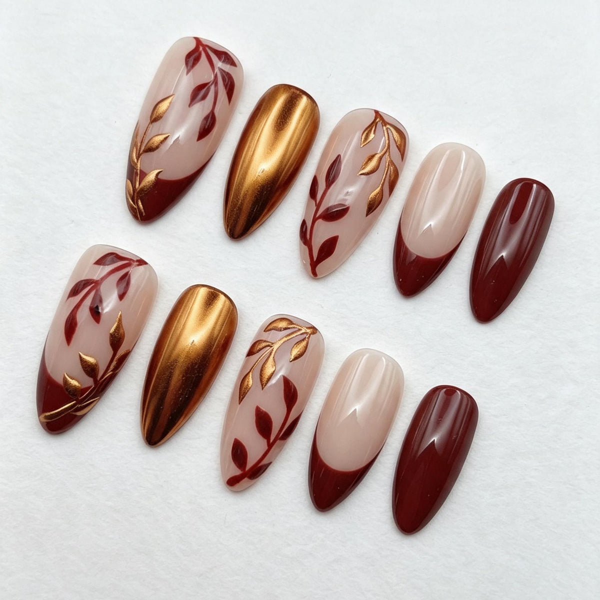 Autumn Burgundy Leaf and Gold-Bronze Chrome French Tip Nail Set