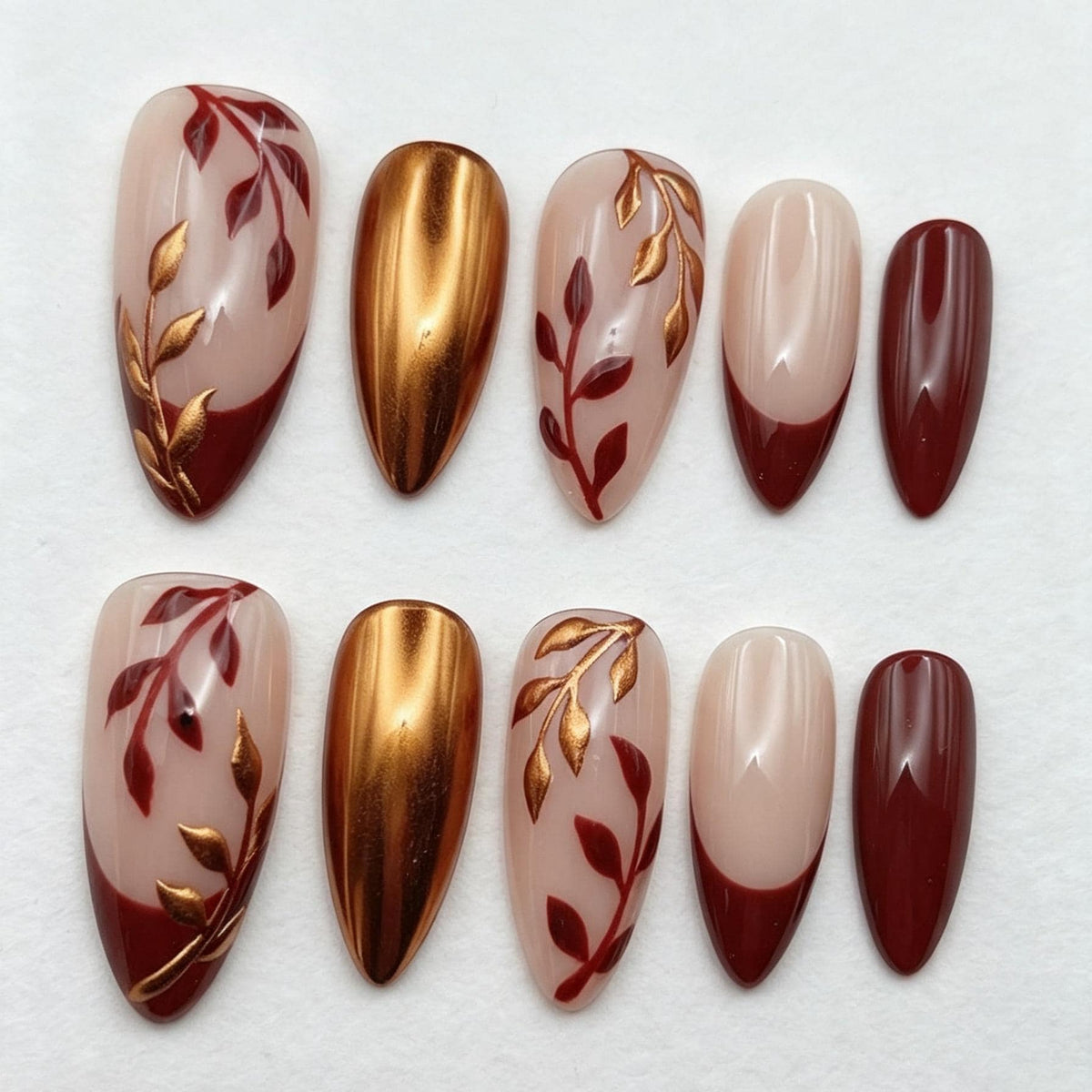 Autumn Burgundy Leaf and Gold-Bronze Chrome French Tip Nail Set