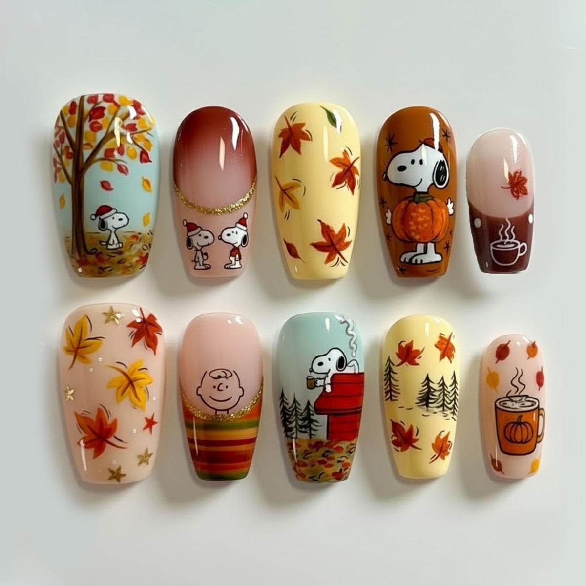 Autumn Cartoon Character Nails with Pumpkins, Leaves and Cozy Drinks