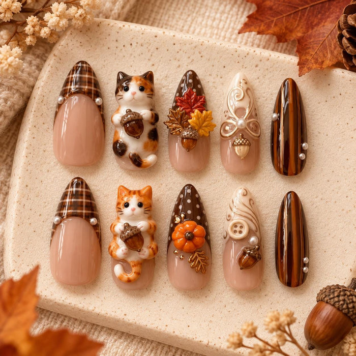 Autumn Cat and Acorn Press On Nails with Brown Plaid Tips