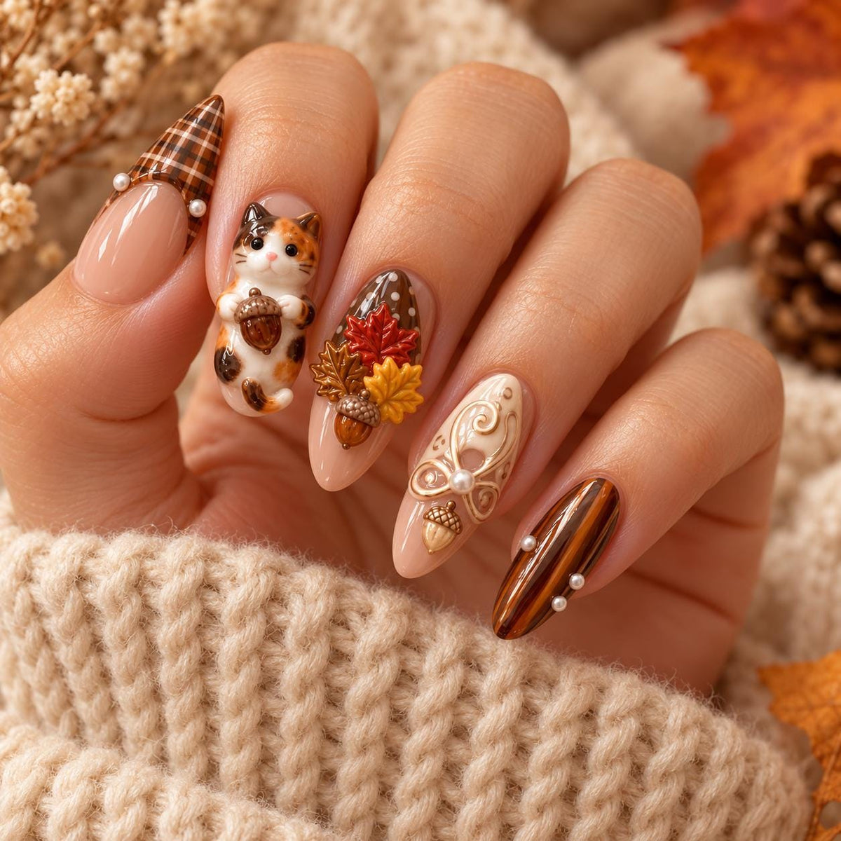 Autumn Cat and Acorn Press On Nails with Brown Plaid Tips