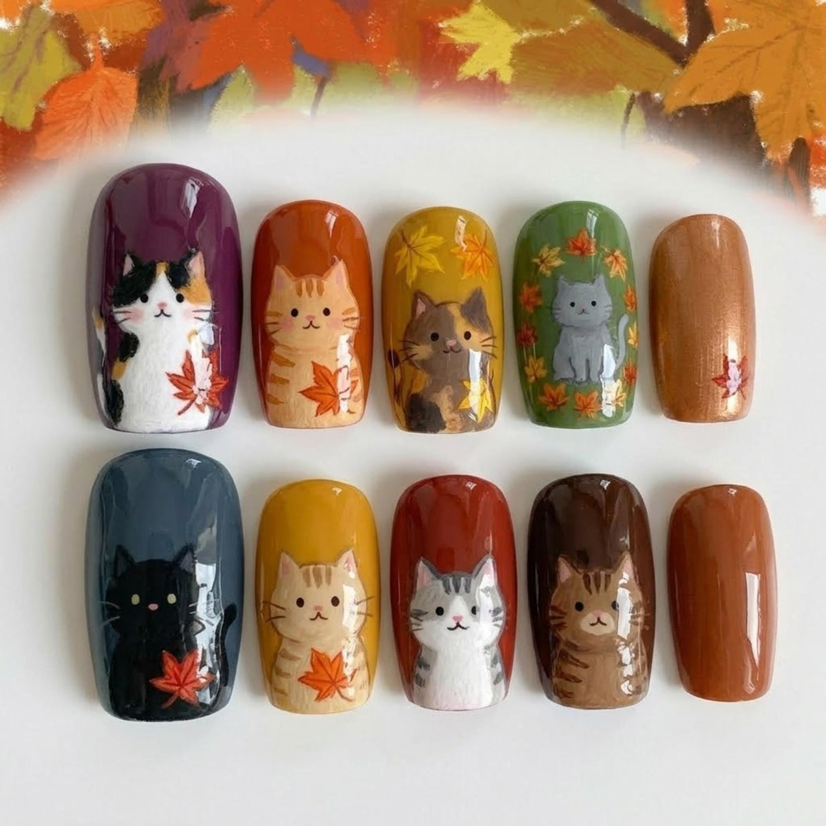 Autumn Cat and Maple Leaf Nail Set