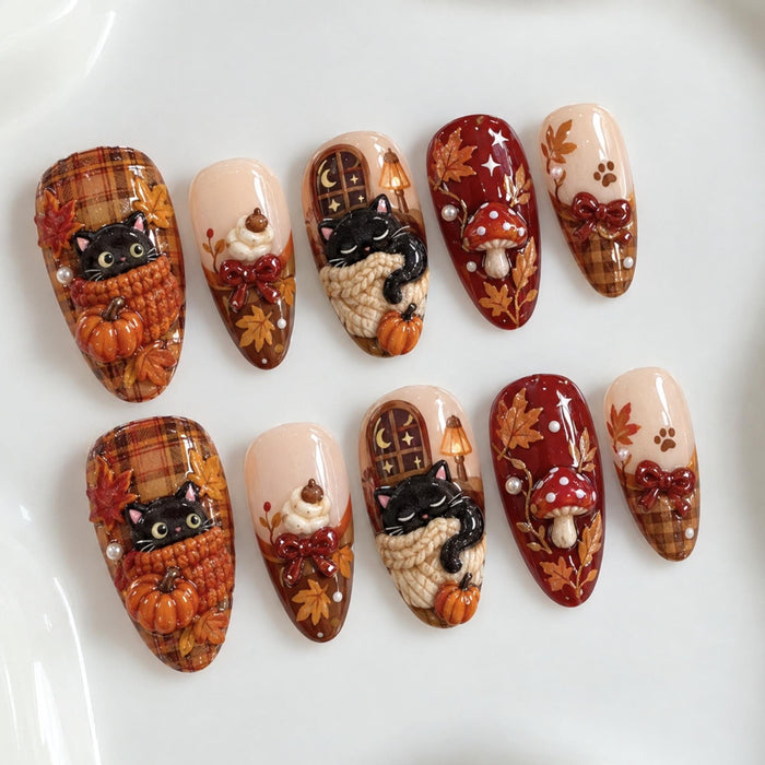 Autumn Cat and Mushroom Press On Nail Set with Plaid, Pumpkins, Leaves, and Bows
