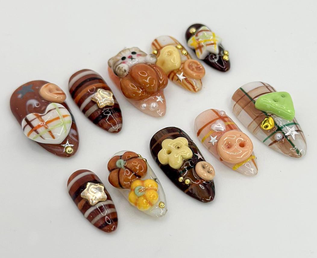 Autumn Cat and Plaid Press-On Nails with 3D Pumpkin and Flower Details