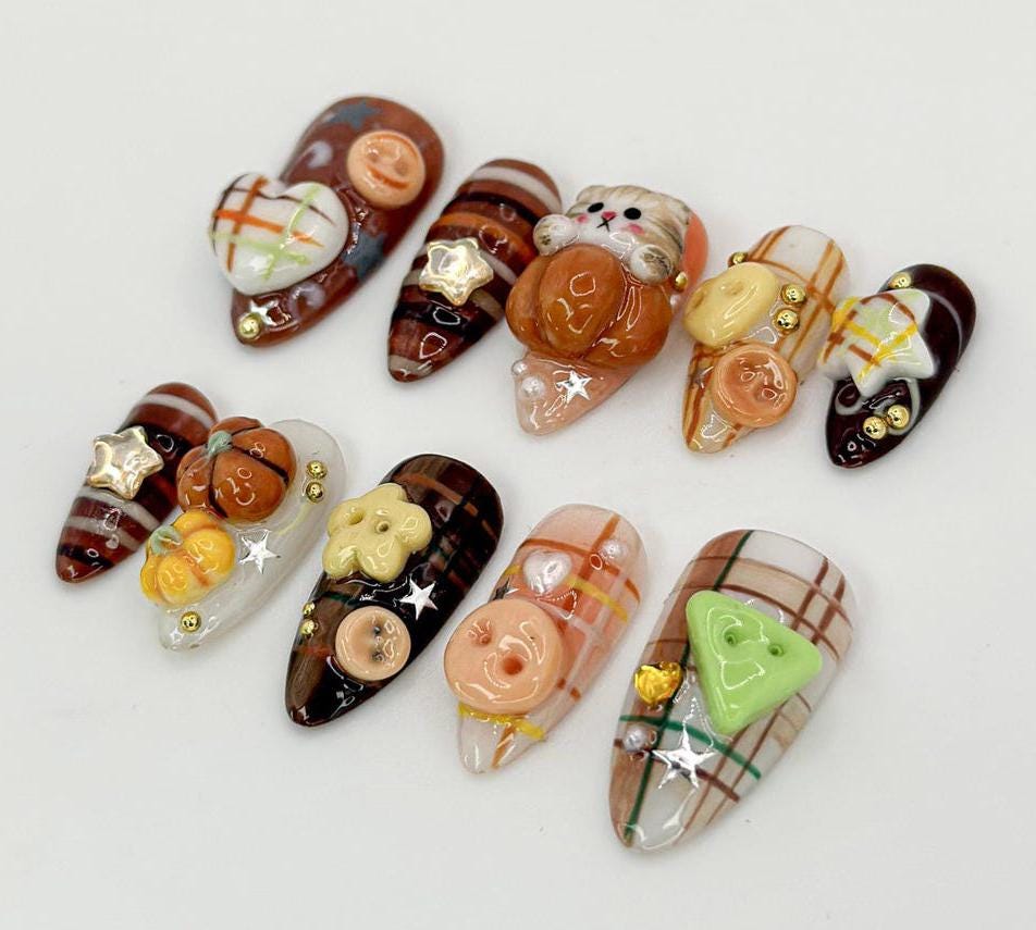 Autumn Cat and Plaid Press-On Nails with 3D Pumpkin and Flower Details