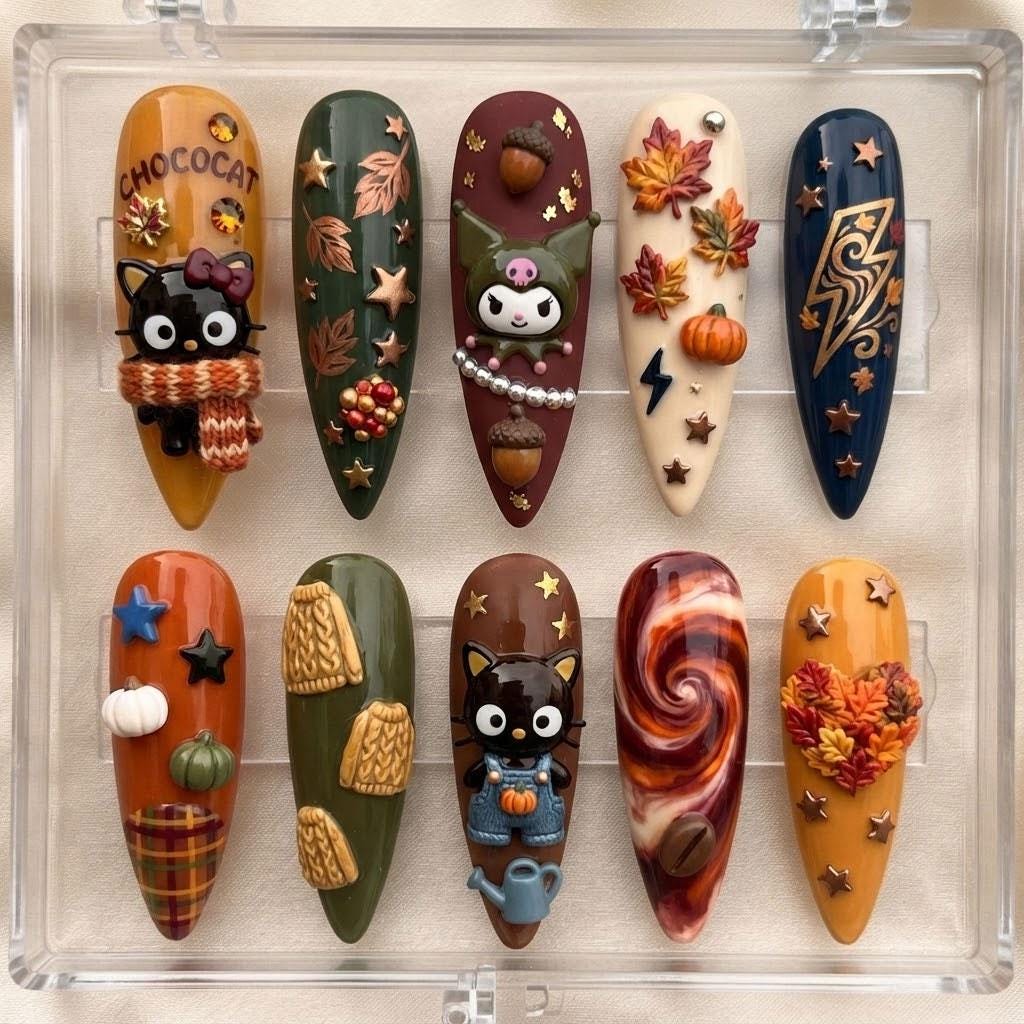 Autumn Cat and Pumpkin Nail Set with Plaid, Leaves, Acorns, and 3D Details