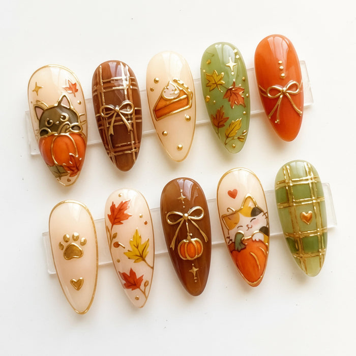 Autumn Cat and Pumpkin Press On Nails with Plaid, Maple Leaves, Bows, and Gold Details