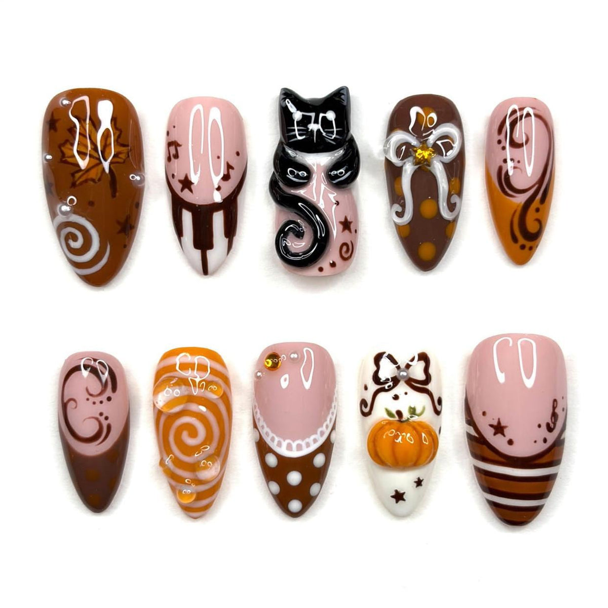 Autumn Cat and Pumpkin Nails with Raised Bows, Pink and Brown Halloween Art