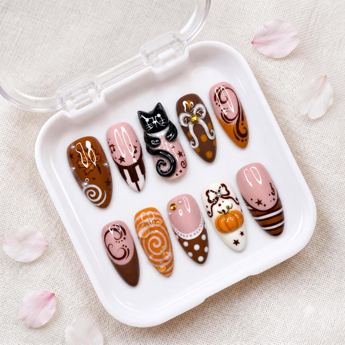 Autumn Cat and Pumpkin Nails with Raised Bows, Pink and Brown Halloween Art