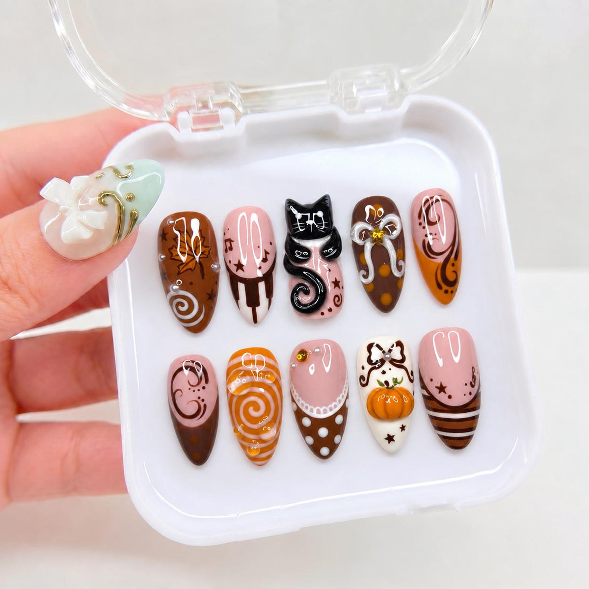 Autumn Cat and Pumpkin Nails with Raised Bows, Pink and Brown Halloween Art