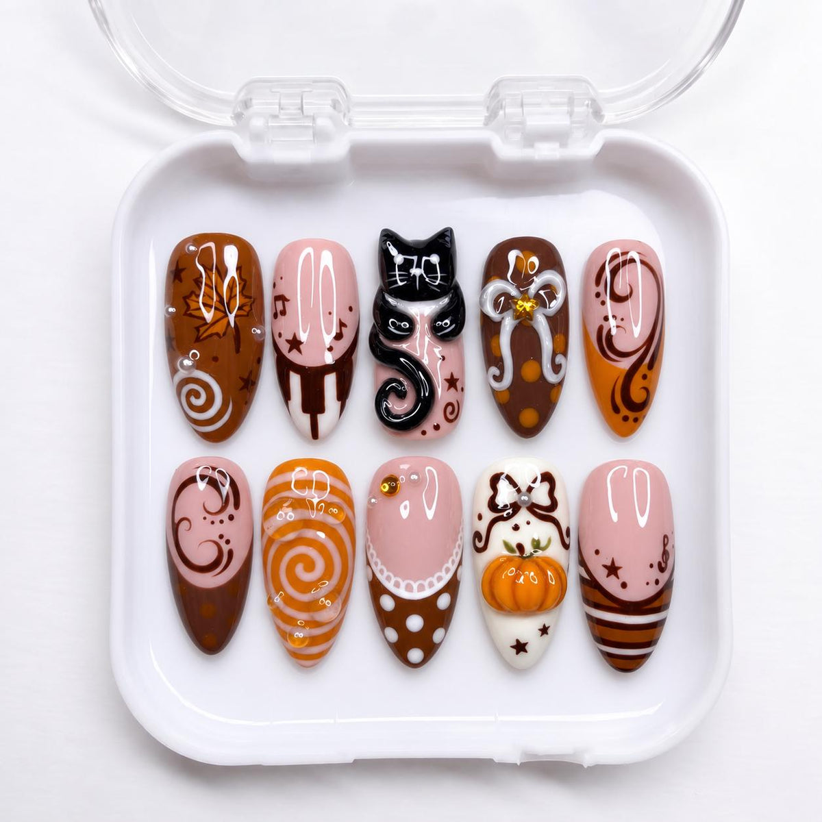 Autumn Cat and Pumpkin Nails with Raised Bows, Pink and Brown Halloween Art