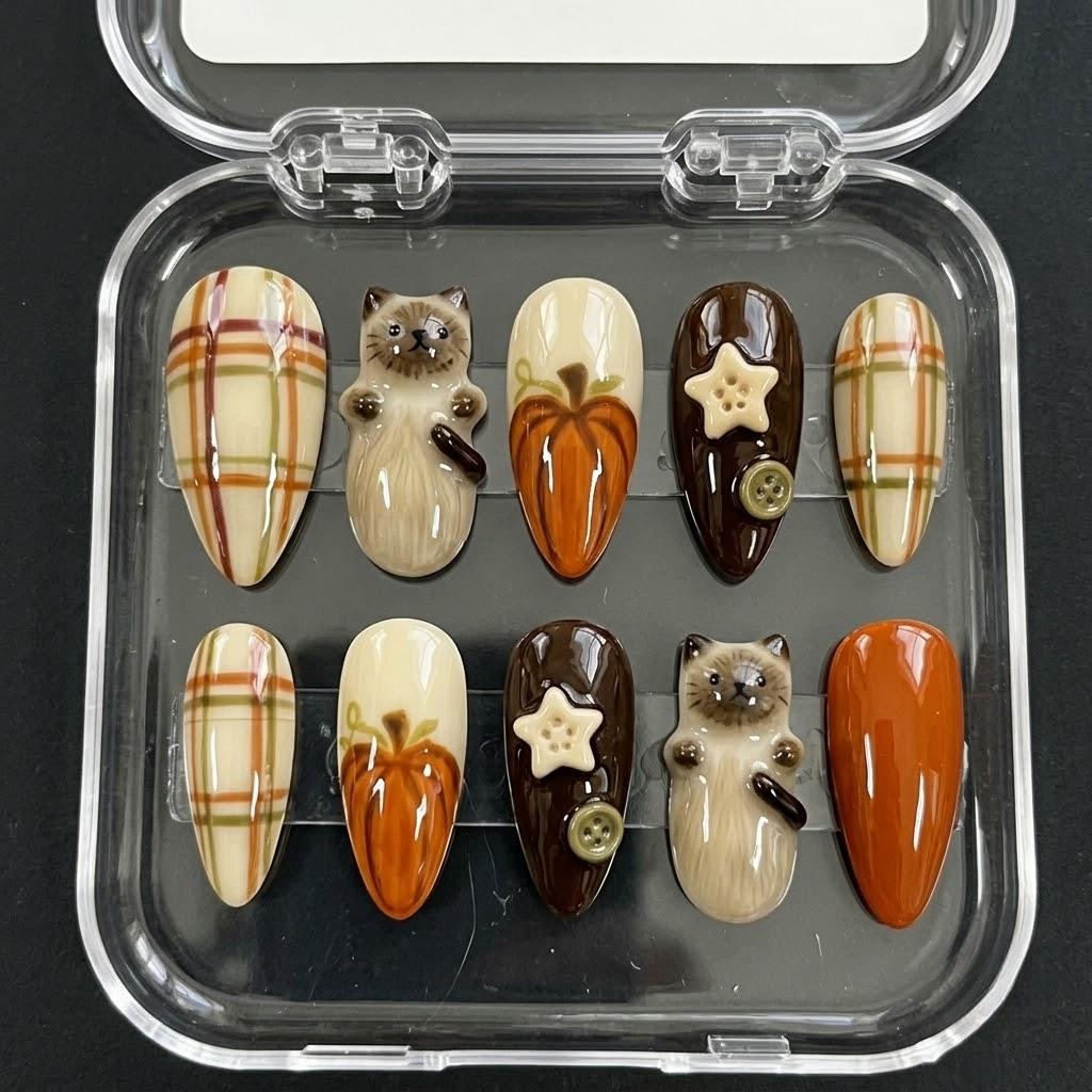 Autumn Cat and Pumpkin Press On Nails with Plaid, Star and Button Details