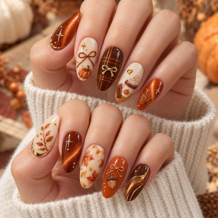 Autumn Cat-Eye Press On Nails With Pumpkins, Coffee, Plaid, and Gold Accents