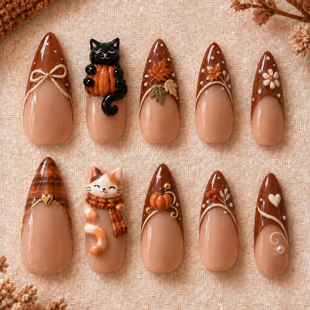 Autumn Cat Press On Nails with Brown French Tips, Pumpkins, Leaves, Bows and Plaid