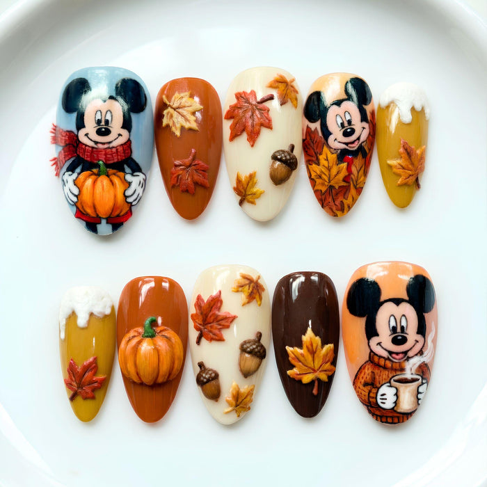 Autumn Character Press On Nail Set With Pumpkins, Leaves, Acorns and 3D Details