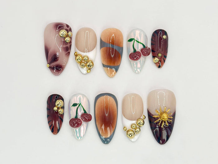Autumn Cherry Press-On Nails With Gold Bead Clusters and 3D Floral Charm