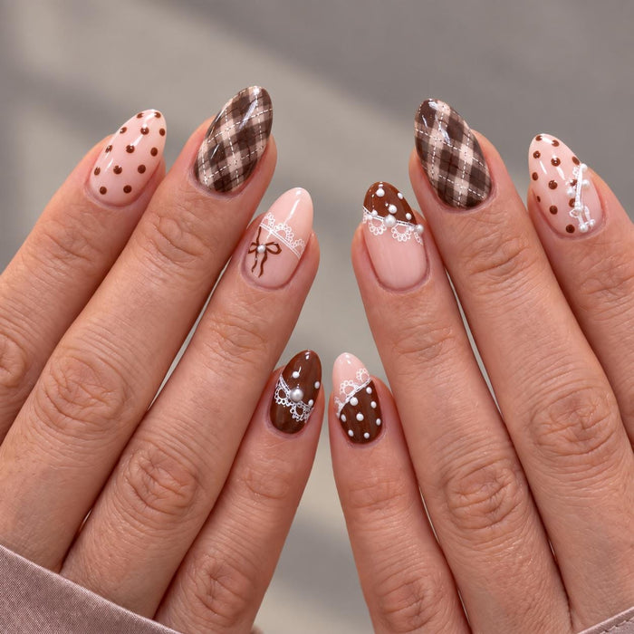 Autumn Chocolate Brown Plaid, Polka Dot & Lace Bow Press On Nail Set