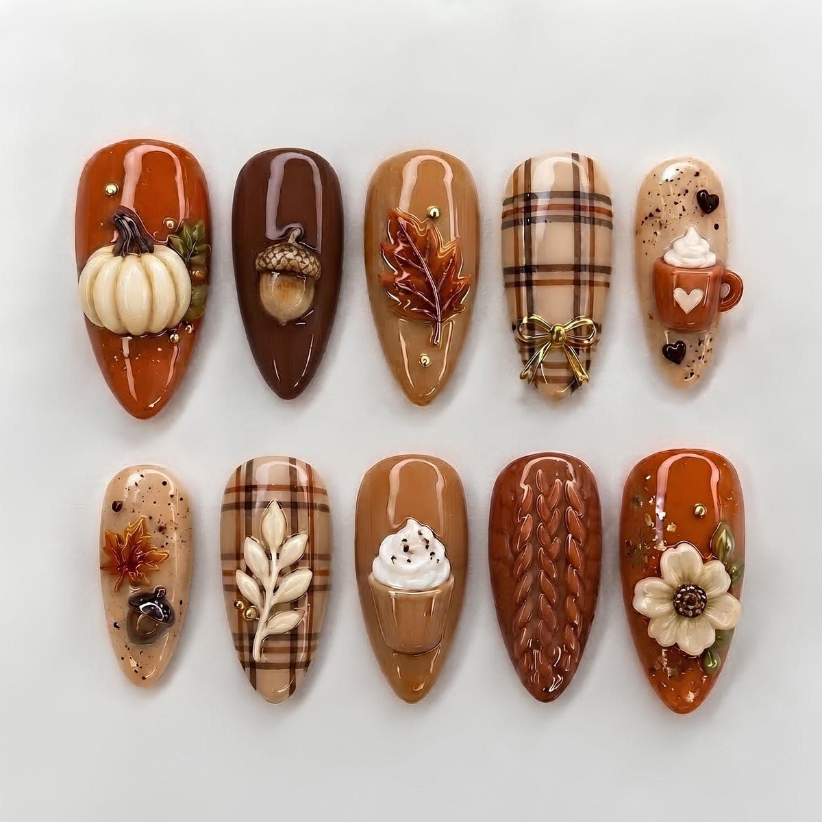 Autumn Coffee and Pumpkin Nails with Plaid, Knit Texture, and 3D Details