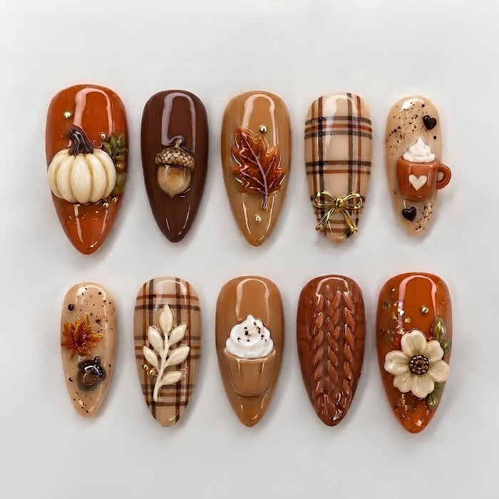 Autumn Coffee and Pumpkin Press On Nails with Plaid, Knit Texture, and 3D Details