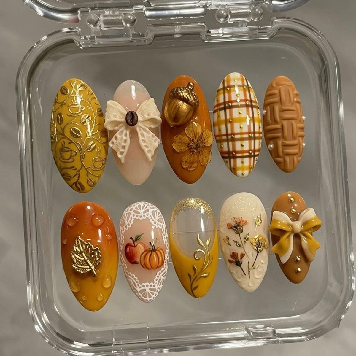 Autumn Coffee Press-On Nails with Plaid, Florals, 3D Bows and Pumpkin Details