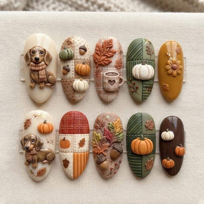 Autumn Dog and Pumpkin 3D Harvest Press-On Nails