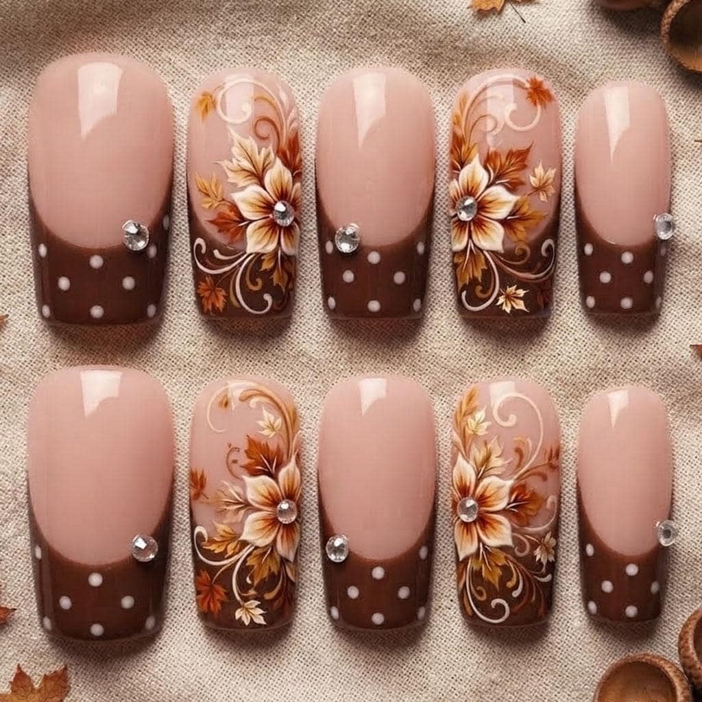 Autumn Floral Brown French Tip Press On Nails With White Dots and Rhinestone Accents